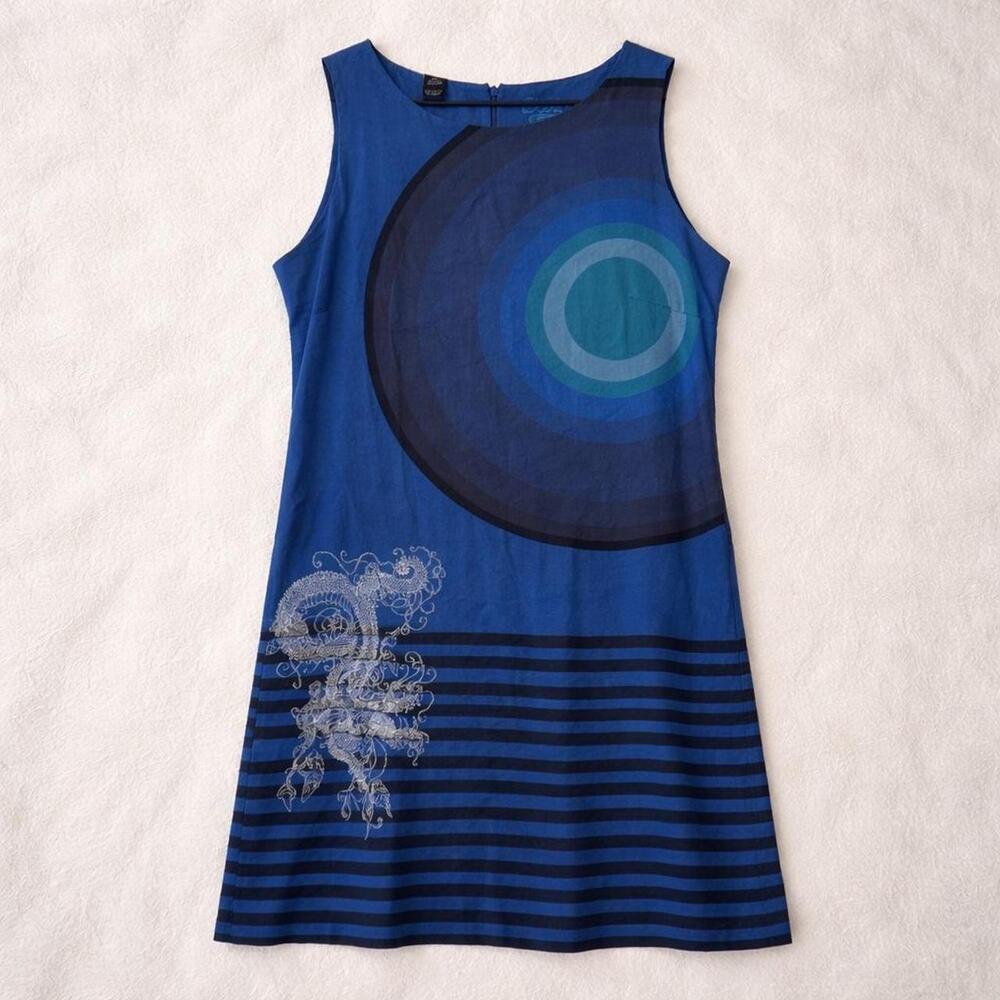 Y2K Desigual designer Statement‎ Dress Blue geometric bold colors funky